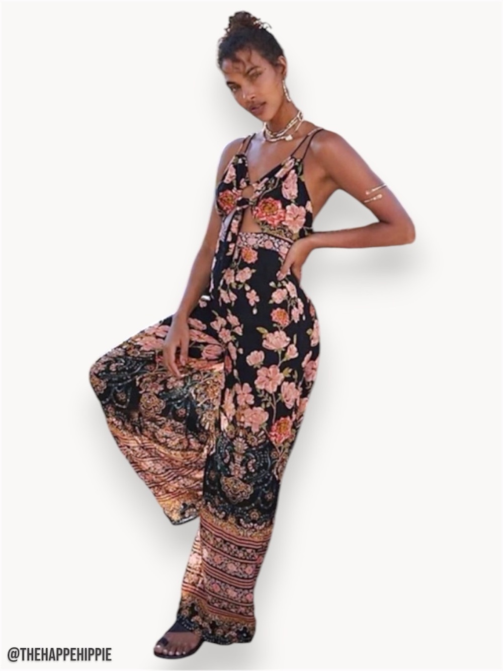 Free People Black Floral Tie-Front Jumpsuit